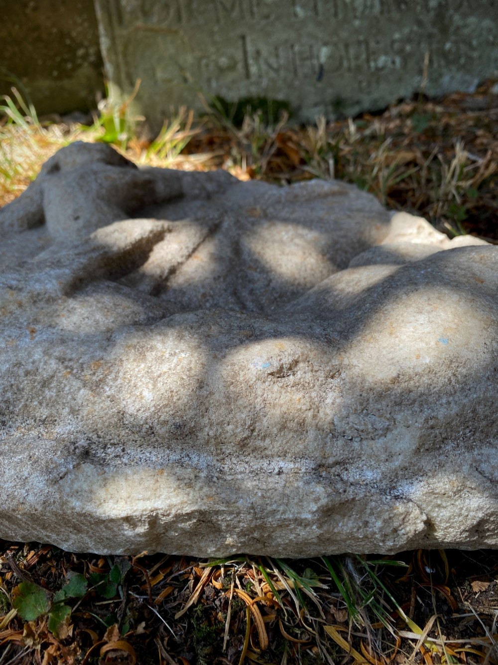 A carved weathered stone fragment depicting a high-relief figure of a winged cherub above a reclining form. View XIV