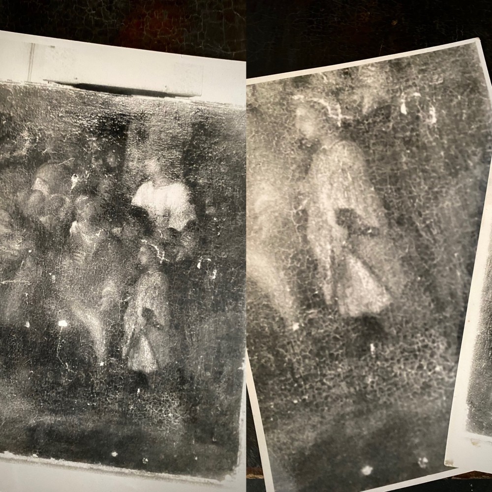 A dark sixteenth-century oil painting featuring figures dressed in red and dark garments with pronounced surface craquelure, accompanied by two infrared scan prints. View II