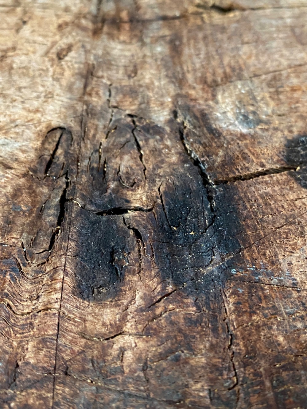 A tall, hand-hewn 17th-century solid oak beam featuring multiple dark apotropaic taper burn marks along its weathered wood surface. View VII