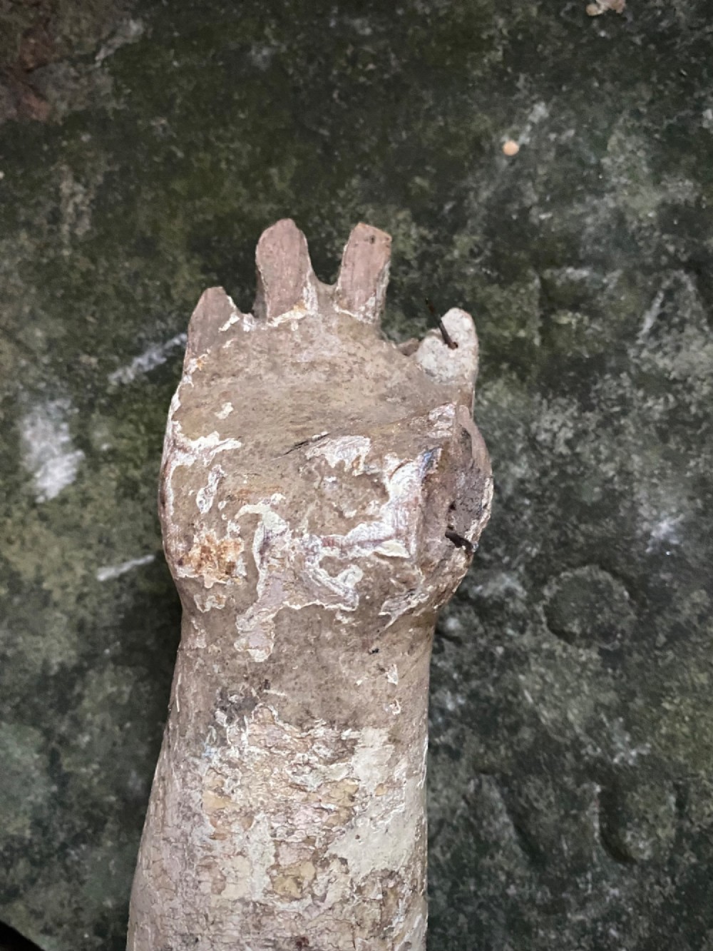 A weathered 16th to 17th century carved wooden arm fragment displaying remnants of polychrome paint and visible hand-carved details. View V