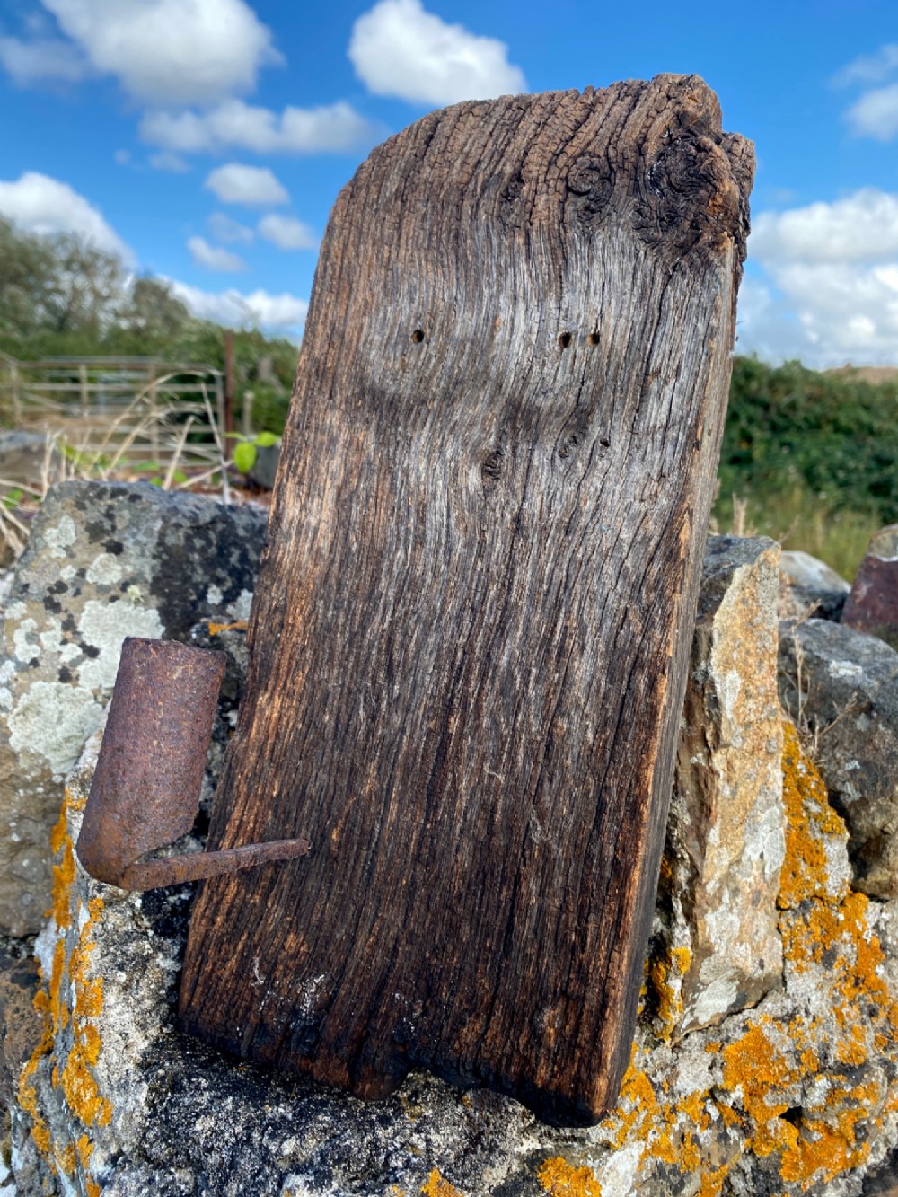 A primitive hand-forged wrought iron candle socket mounted on a pointed spike inserted into a thick piece of weathered timber. View V