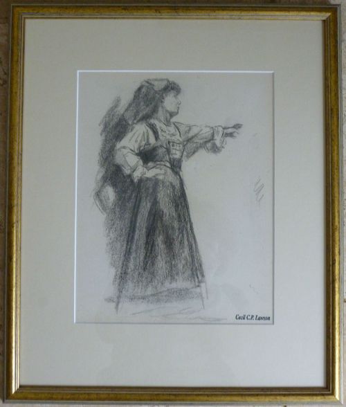 fig 1. A monochrome charcoal sketch depicting a standing woman in historical dress with one arm outstretched, signed Cecil C.P. Lawson in the lower right corner.