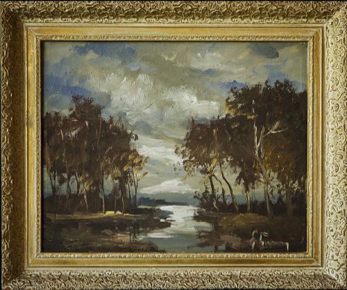 River Landscape in Evening Light - Oil Painting
