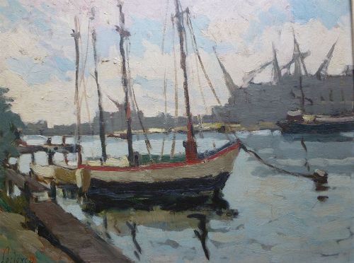 Marine Oil Painting - Boats in a Port