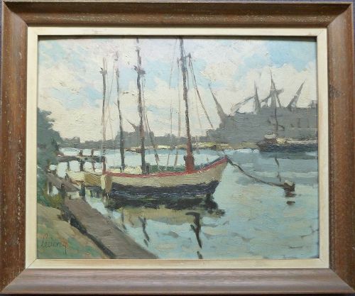 fig 1. Marine Oil Painting - Boats in a Port