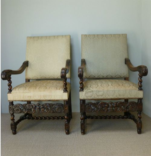 Pair of French Carolean Style Carved Armchair/hall Chair