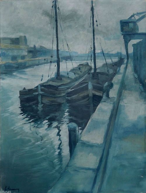 Boats on a Canal - Belgium School - Oil Painting