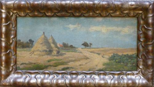 Hay Ricks in a Summer Landscape - Antique Oil Painting