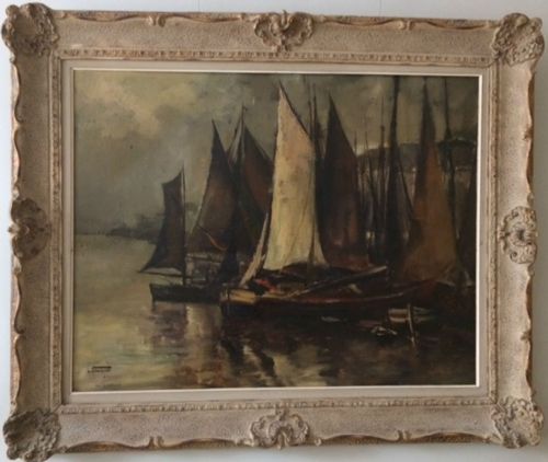 Large Oil Painting -Boats in a Harbour