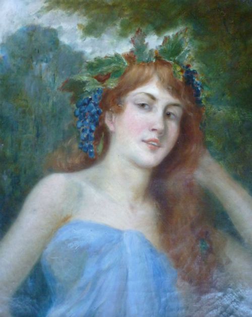 Antique Oil Painting  -  Portrait of a Lady with Grapes in Her Hair