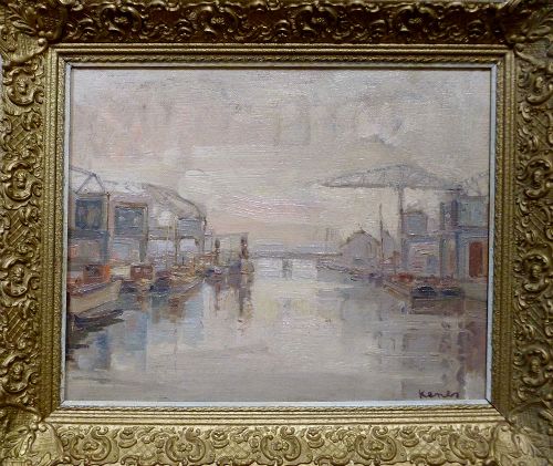 Industrial Port - Antique Oil Painting