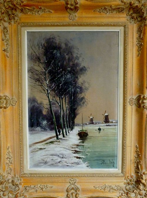 Canal in the Snow - 19th Century Oil Painting