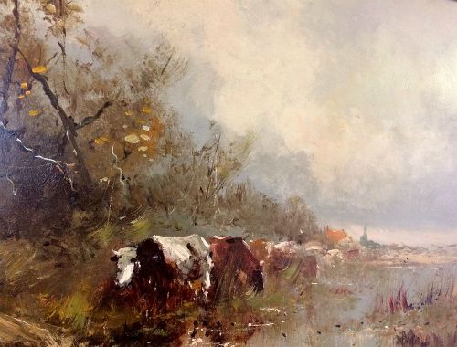 Cows Grazing on a River Bank - Oil Painting