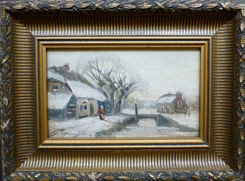 Canal in the Snow - Dutch School - Oil Painting