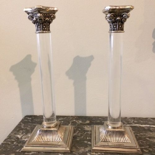 Pair of Silver Plate and Glass Resin Candlesticks