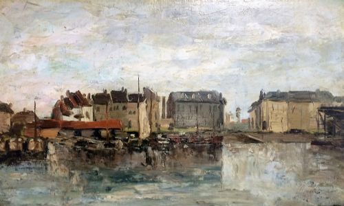 View of a Fishing Port - 19th Century Oil Painting