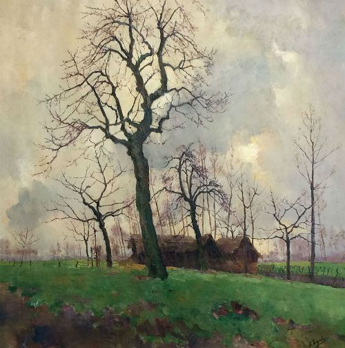 Farm in the Trees - Antique Oil Painting