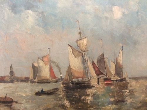 Fishing Boats Leaving the Harbour - French Oil Painting