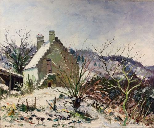 House in the Snow at Soucy - Antique Oil Painting