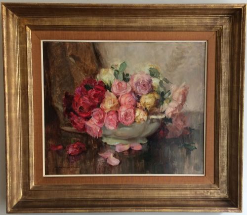 Bowl of Roses - Antique Oil Painting