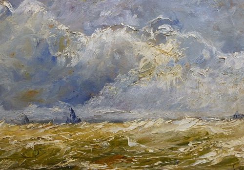 Boats on a Rough Sea - Antique Oil Painting