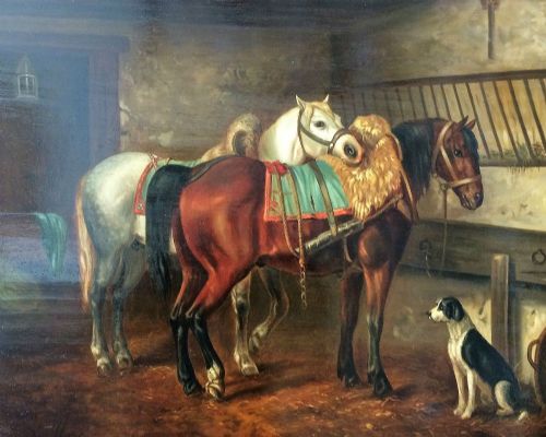 Horses in a Stall - 19th Century Oil Painting