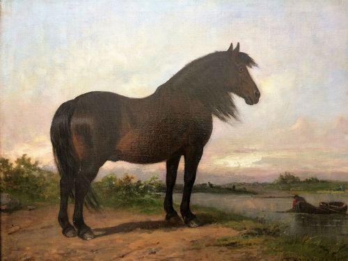 Pony Looking at a Fisherman - Antique Oil Painting