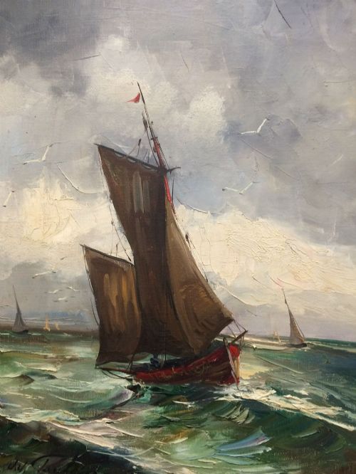 Fishing Boats - Antique Oil Painting