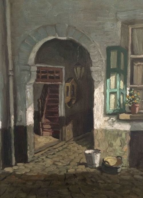 View of a Farmyard - Antique Oil Painting