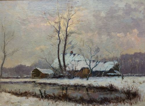 Farmstead in Winter - 19th Century Oil Painting