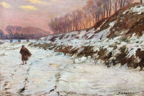 Woman in the Snow - Belgium School - Oil Painting