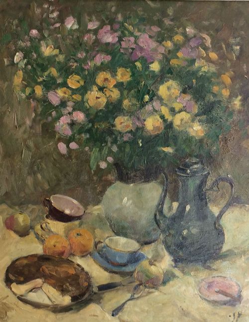 Still Life with Jug of Flowers - Antque Oil Painting