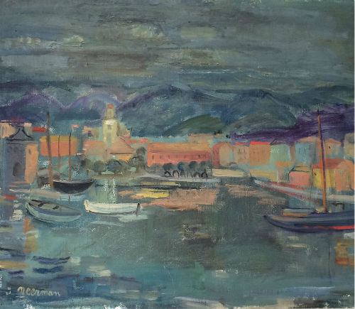View of a Port - Antique Oil Painting