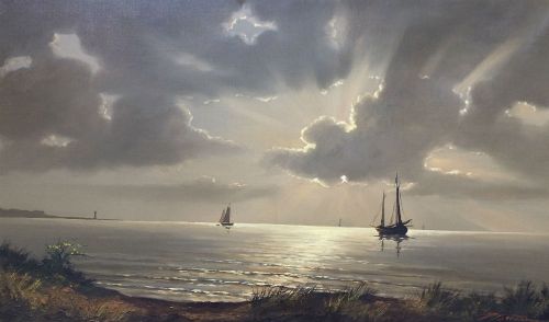 Sea at Sunset - Antique Oil Painting