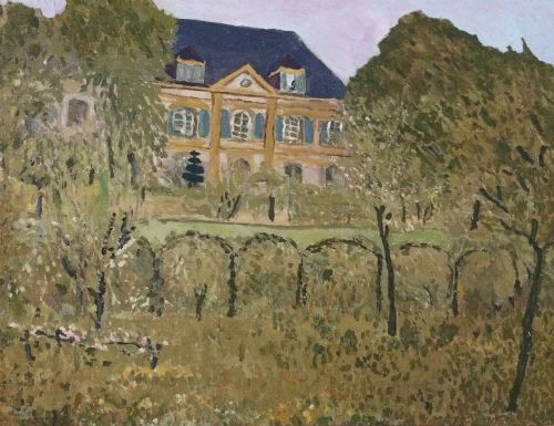 Small Chateau and Garden - Antique Oil Painting