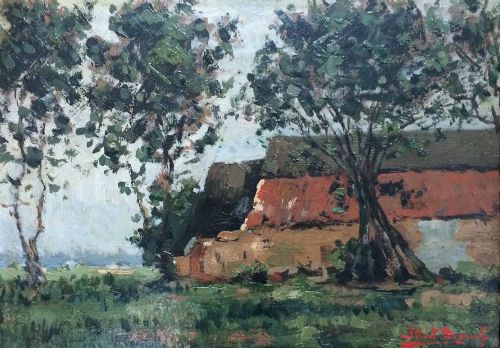 Farmstead in Summer - Antique Oil Painting
