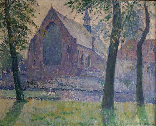 View of a Church - Antique Oil Painting