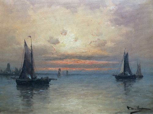 Fishing Boats at Sunset - Antique Oil Painting