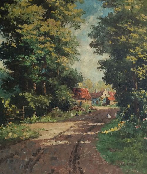 Chickens in a Country Lane - Oil Painting