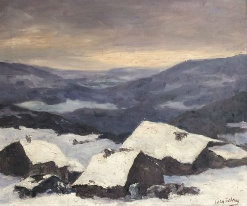 Mountain Village in Winter - Antique Oil Painting