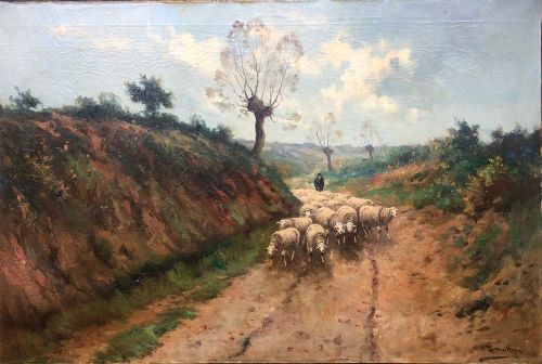 Shepherd and His Sheep - 19th Century Oil Painting