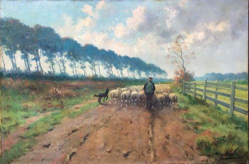 Shepherd Driving His Sheep - Antique Oil Painting