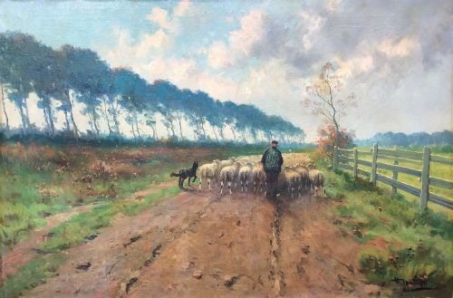 fig 1. Shepherd Driving his Sheep - Antique Oil Painting
