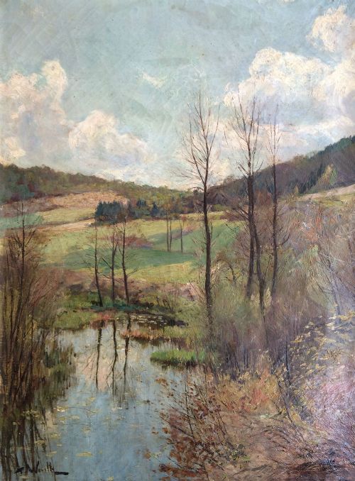 View of a Lake - Antique Oil Painting