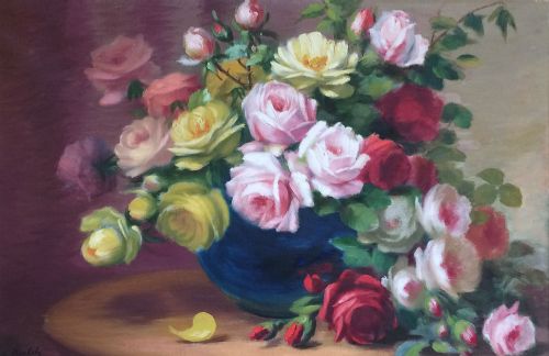 Vase of Roses - Antique Oil Painting