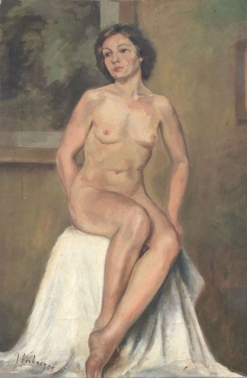 Female Nude Sitting - Antique Oil Painting