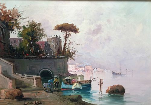 Italian Fishing Port - Antique Oil Painting