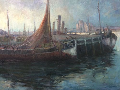 Fishing Boats in a Port - Antique Oil Painting