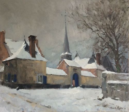 Village in Winter - Antique Oil Painting