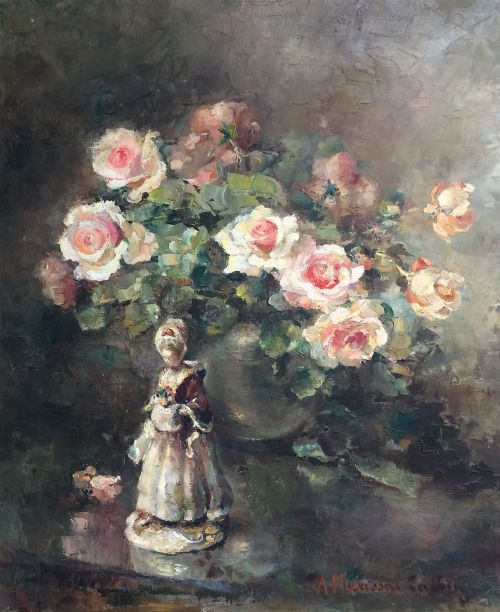 Vase of Roses - Antique Oil Painting